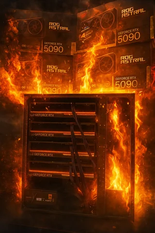 A stack of ROG Astral GeForce RTX 5090 boxes and an open server rack filled with graphics cards engulfed in flames.