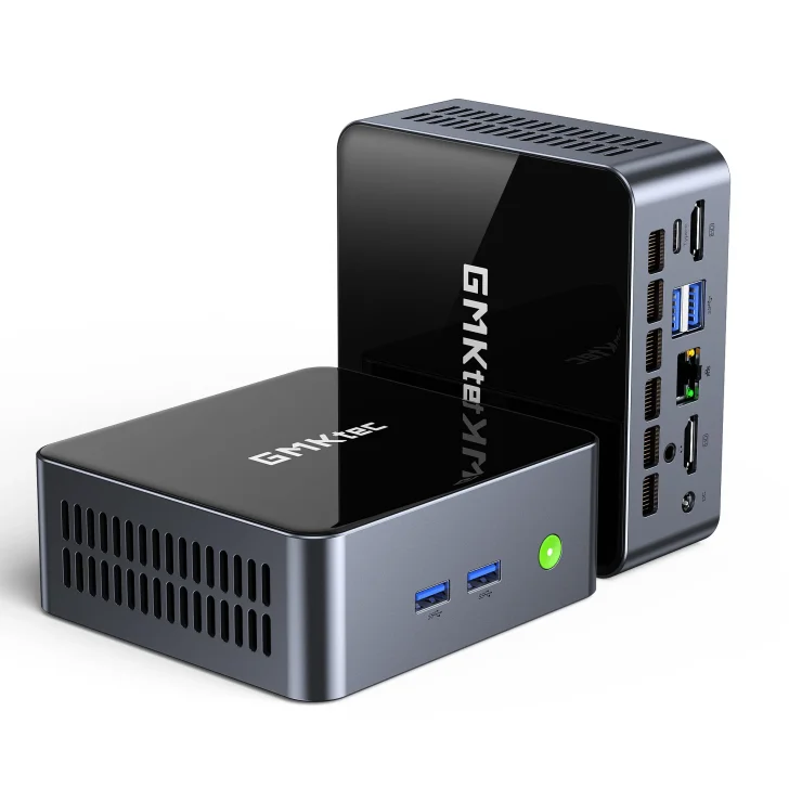 A pair of GMKtec mini PCs, one showing multiple ports including USB, HDMI, and Ethernet, and the other displaying a power button and two USB ports on the front.