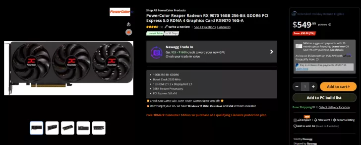 PowerColor Reaper Radeon RX 9070 16GB graphics card details and price listing on Newegg.