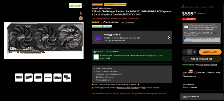 ASRock Challenger Radeon RX 9070 XT graphics card listed for $599.99 on Newegg, featuring 16GB GDDR6 and PCI Express 5.0 x16.
