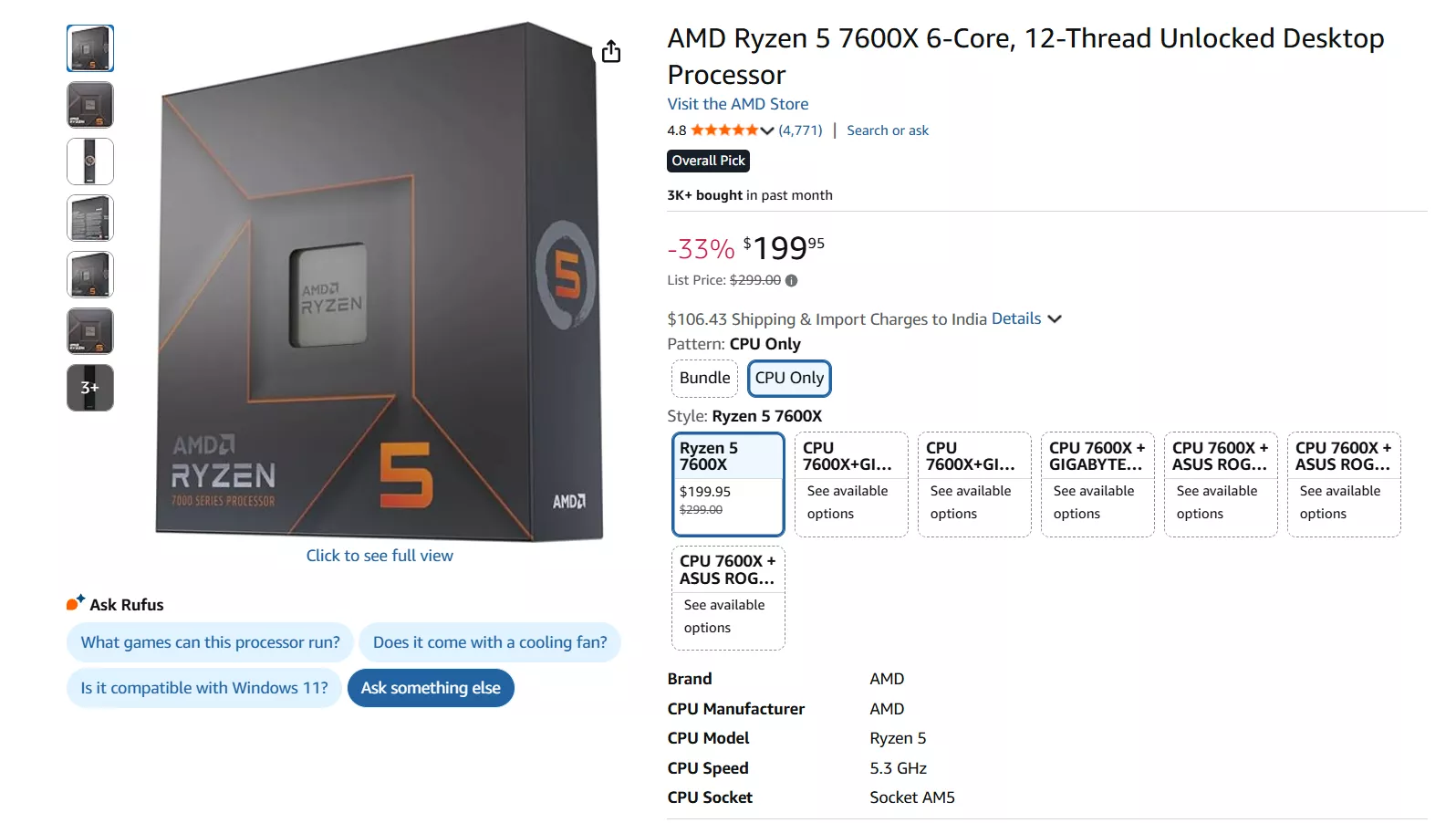 AMD Ryzen 5 7600X processor product page showing price at $199.95 with CPU info listed on the right.