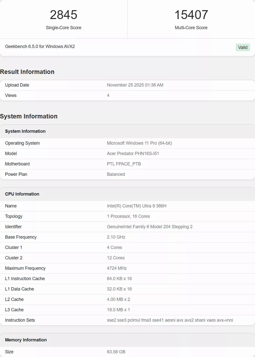 A Geekbench 6.5.0 benchmark shows an Acer Predator PHN16S-I51 with an Intel Core Ultra 9 386H achieving a single-core score of 2845 and a multi-core score of 15407.