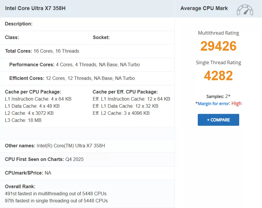 The image shows specifications and benchmark results for the Intel Core Ultra X7 358H, with a multithread rating of 29426 and a single-thread rating of 4282, classifying it as the 491st fastest in multithreading and 97th in single-threading out of 5448 CPUs.