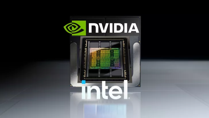 NVIDIA and Intel logos displayed over a semiconductor chip on a reflective surface.