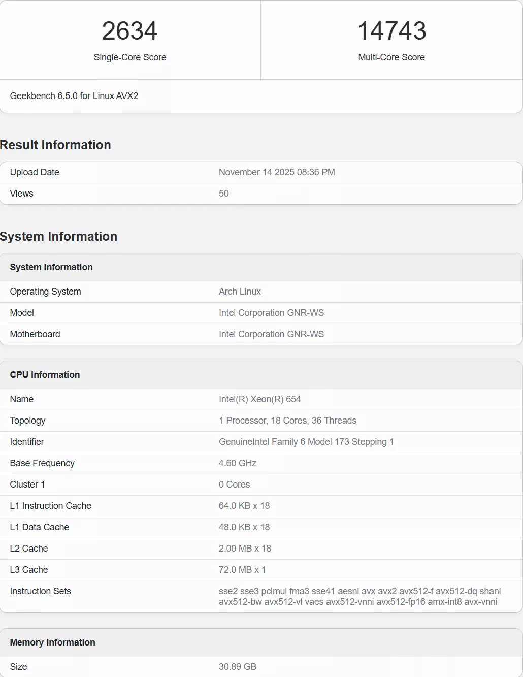 A Geekbench 6.5.0 chart for Linux AVX2 shows an Intel Xeon 654 scoring 2634 single-core and 14743 multi-core, running on Arch Linux with 1 processor and 36 threads at 4.60 GHz.