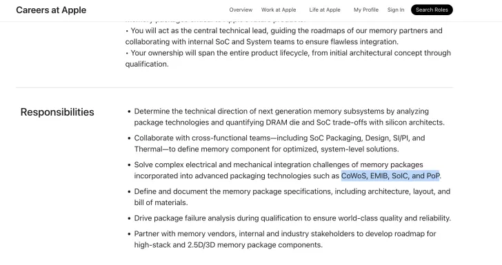 A webpage for 'Careers at Apple' outlines responsibilities involving next-generation memory subsystems, collaborating with cross-functional teams, and solving integration challenges using technologies like CoWoS and EMIB.