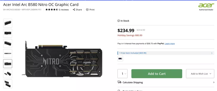 Acer Intel Arc B580 Nitro OC graphic card listing shows a price of $234.99 with holiday savings of $80.00.