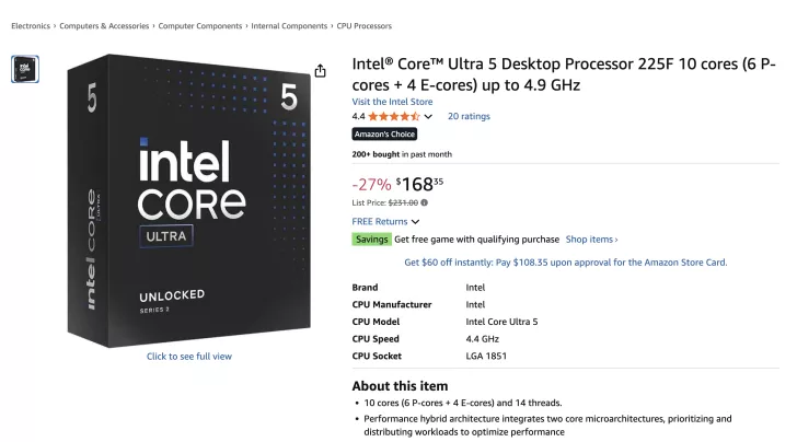 Intel Core Ultra 5 desktop processor box next to Amazon product listing priced at $168.35 with a 27% discount and Amazon's Choice badge.