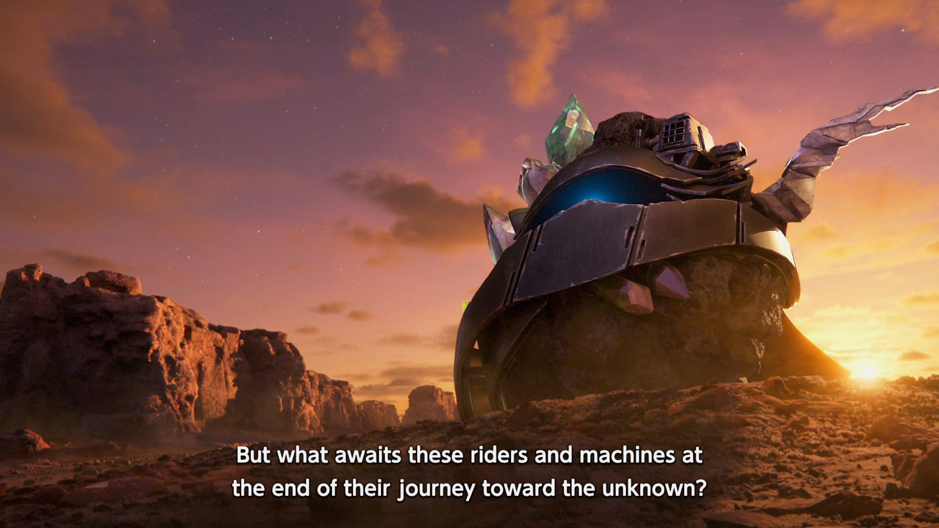A scene from an animated film shows a large, armored structure with crystals atop a rocky desert landscape under a sunset sky, accompanied by the caption, But what awaits these riders and machines at the end of their journey toward the unknown?