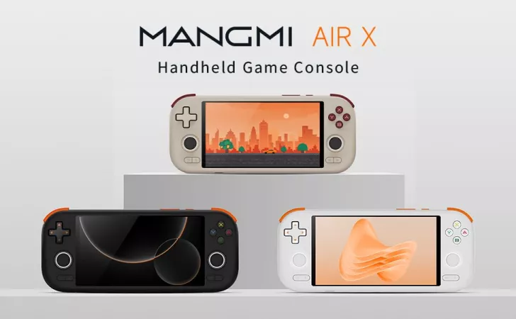 Three Mangmi Air X handheld game consoles are displayed, each with a different color, respectively showing a city skyline, abstract design, and blank screen, with the text 'Handheld Game Console' above them.