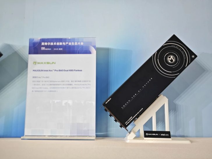 A MAXSUN Intel Arc Pro B60 Dual 48G Fanless graphics card is displayed on a stand with branding visible.