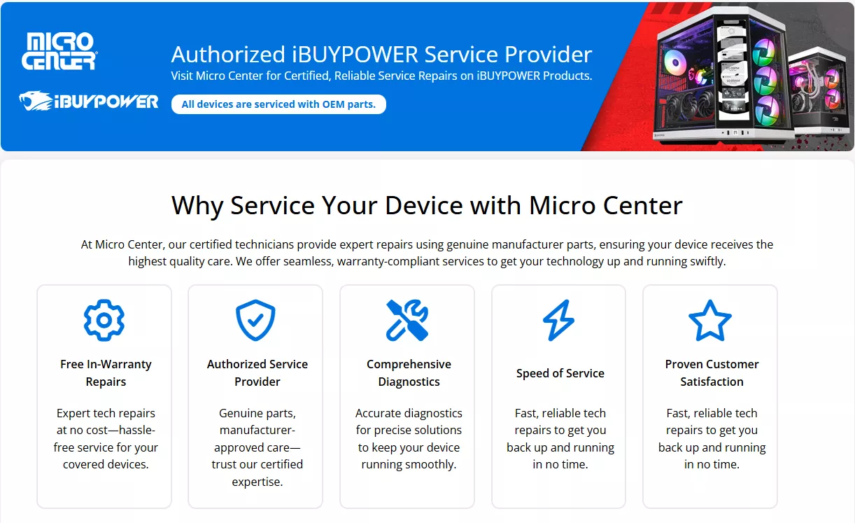 The image shows a service advertisement by Micro Center as an authorized iBUYPOWER service provider, highlighting benefits such as 'Free In-Warranty Repairs' and 'Comprehensive Diagnostics'.