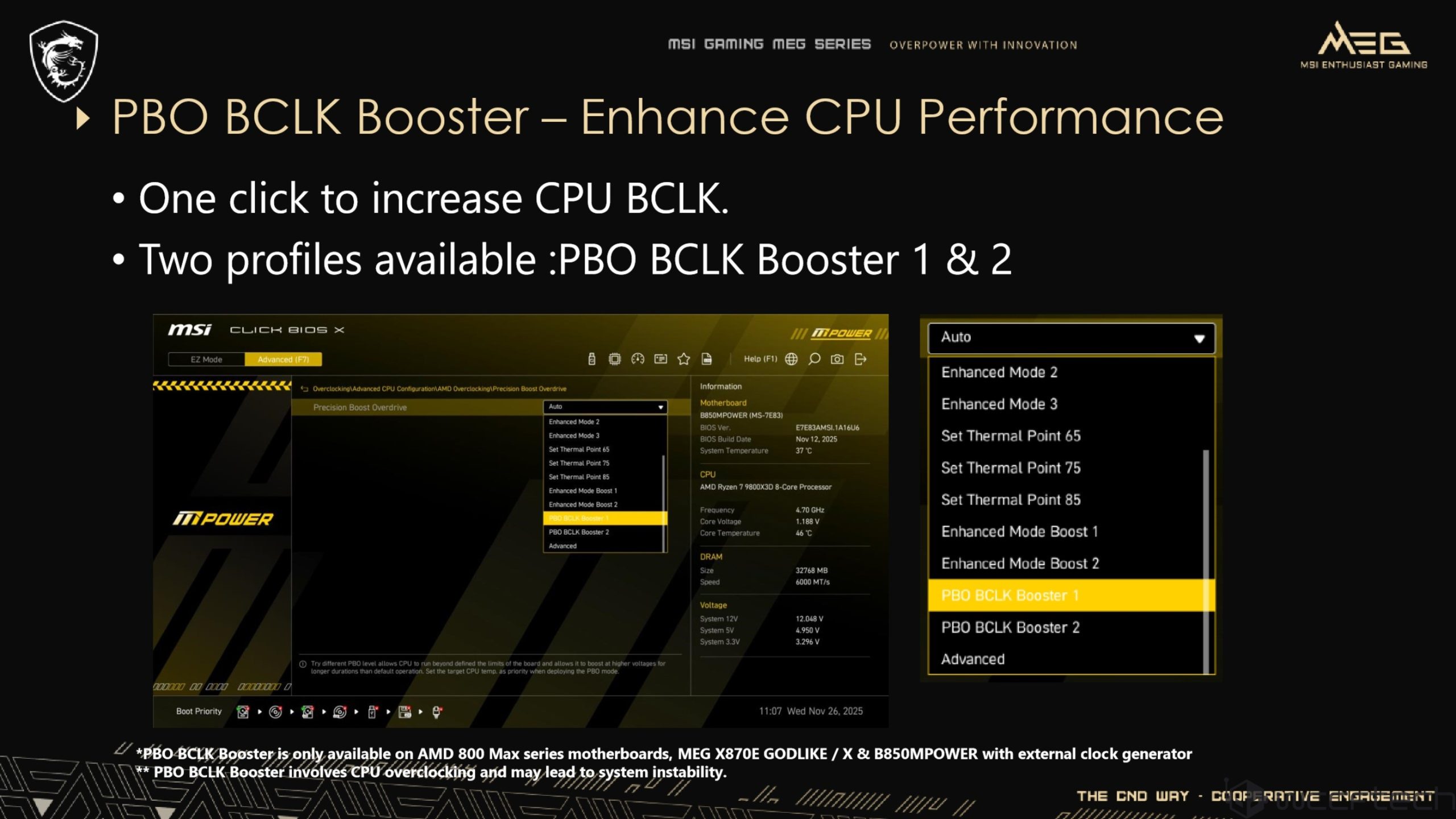 The image shows an MSI BIOS interface with the 'PBO BCLK Booster 1' option highlighted, and text describing how the feature enhances CPU performance with one-click BCLK increase and two available profiles in the MSI Gaming MEG Series.