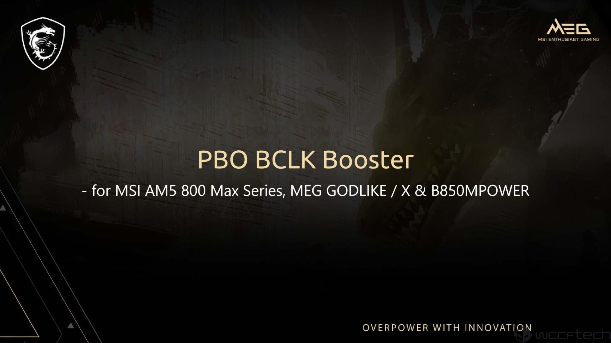The image shows a presentation slide titled 'PBO BCLK Booster' for MSI AM5 800 Max Series, MEG GODLIKE/X & B850MPOWER, with MSI and MSI Enthusiast Gaming logos.