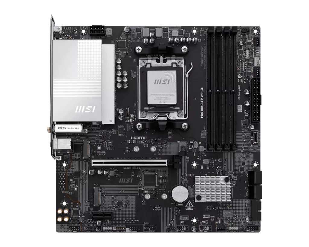MSI Pro B760M-P Wi-Fi motherboard features visible branding and components including DDR4 slots and an M.2 slot.