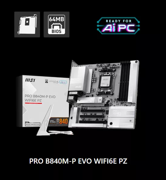 MSI PRO B840M-P EVO WIFI6E PZ motherboard is displayed with its packaging, featuring '64MB BIOS' and 'READY FOR AI PC' icons.