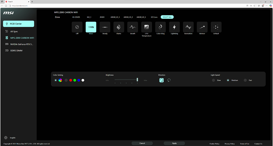 MSI RGB Center on screen showing controls for MPG Z690 CARBON WIFI's lighting effects and brightness settings.