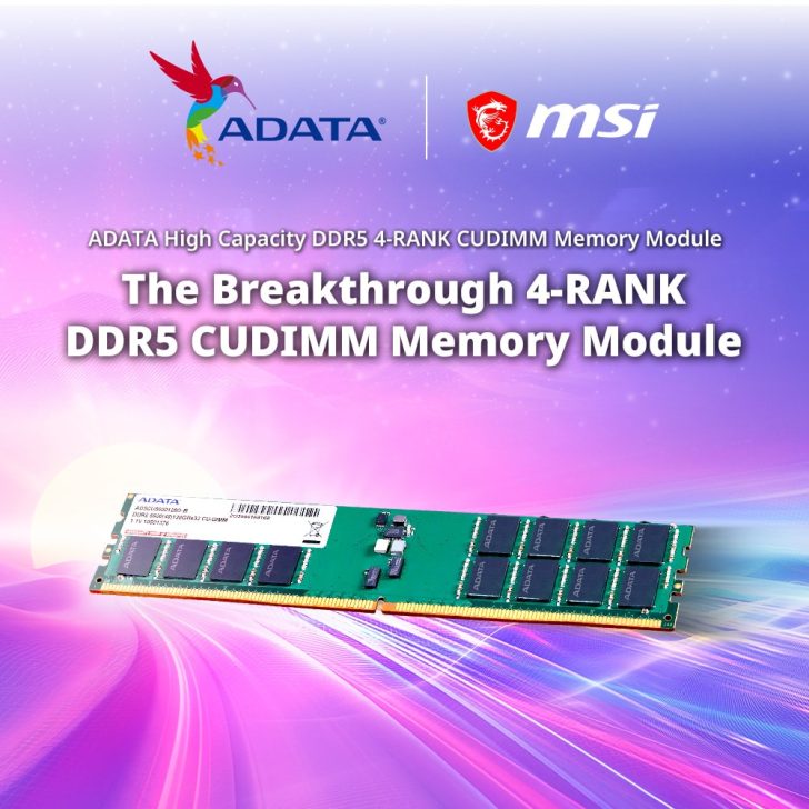 An ADATA DDR5 CUDIMM memory module is displayed with the text 'The Breakthrough 4-RANK DDR5 CUDIMM Memory Module' and logos of ADATA and MSI.