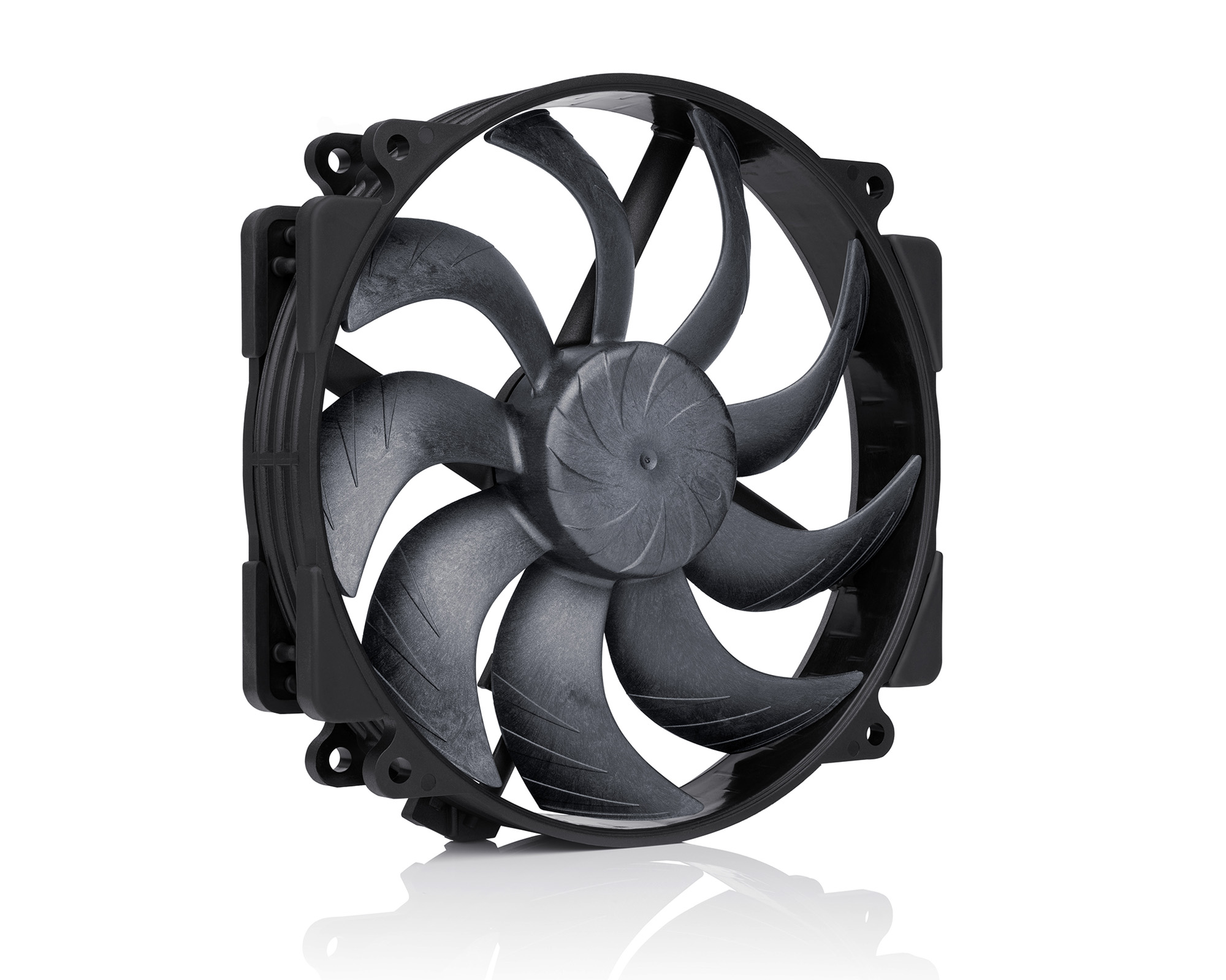 A black Noctua NF-A12x25r chromax.black.swap cooling fan with nine blades designed for optimal air circulation.