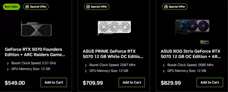 GeForce RTX 5070 Founders Edition with 2.51 GHz boost, ASUS PRIME GeForce RTX 5070 with 2587 MHz boost, and ASUS ROG Strix GeForce RTX 5070 with 2685 MHz boost, all 12 GB, priced at $549.00