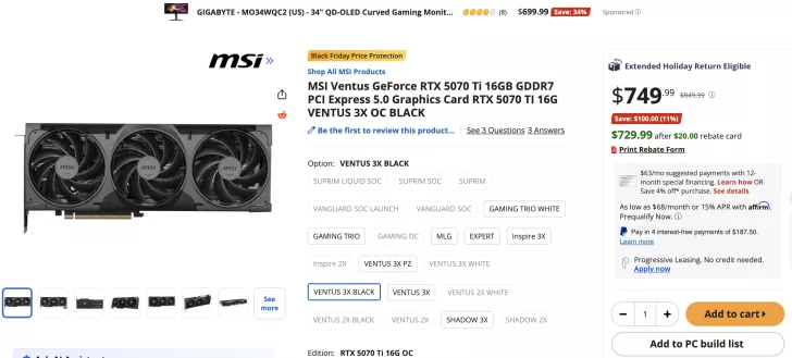 The image shows an MSI Ventus GeForce RTX 5070 Ti 16GB GDDR7 PCI Express 5.0 graphics card, with the 'VENTUS 3X OC BLACK' option highlighted, priced at $749.99 with additional rebate options.