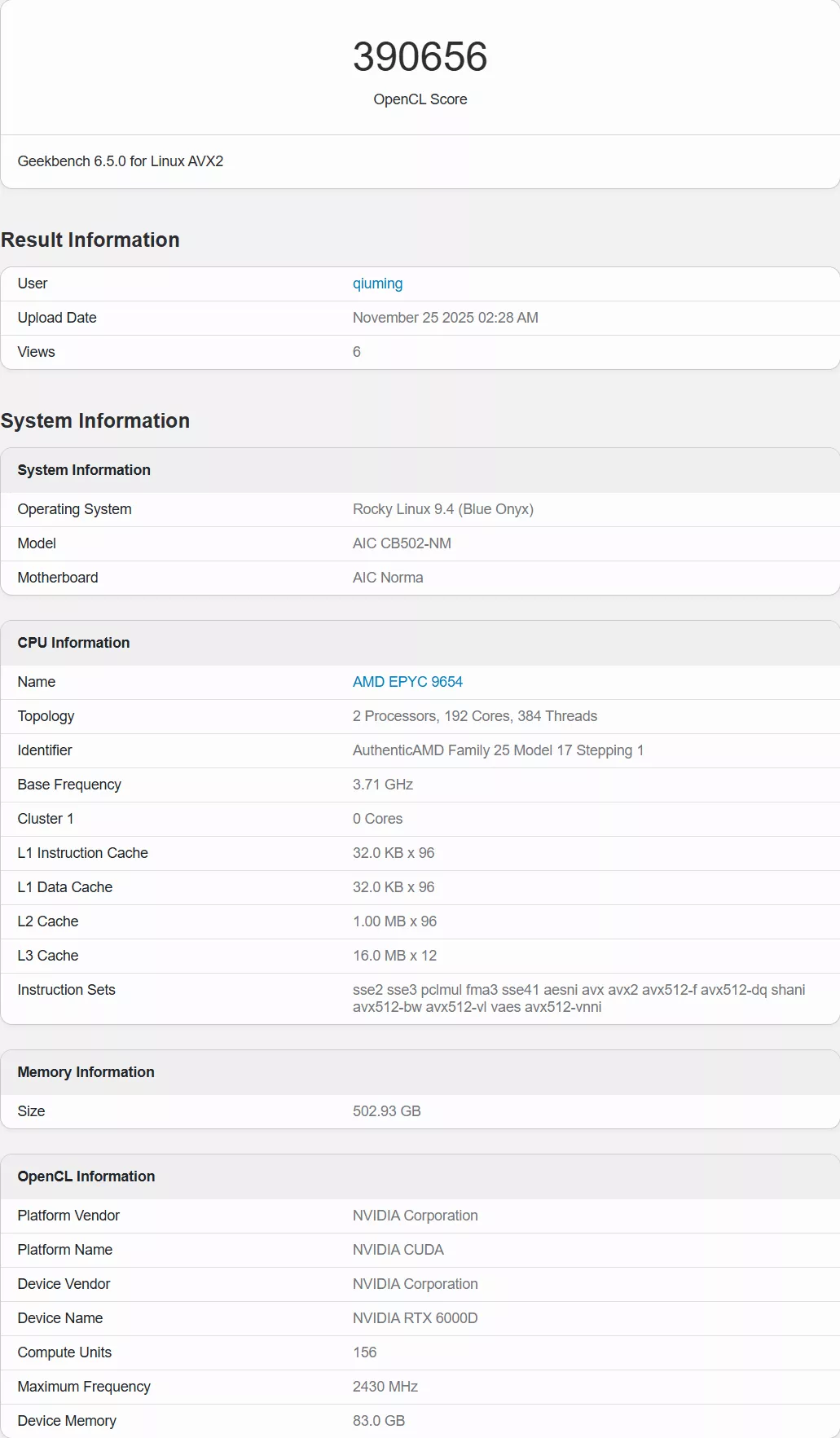 A Geekbench 6.5.0 result for Linux AVX2 shows an 'OpenCL Score' of 390656 with system information detailing an AMD EPYC 9654 CPU, NVIDIA RTX 6000D GPU, and 502.93 GB of RAM on Rocky Linux 9.4.
