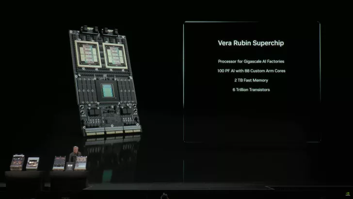 Vera Rubin Superchip displayed on stage with text detailing specifications such as 100 PF AI and 2 TB Fast Memory.