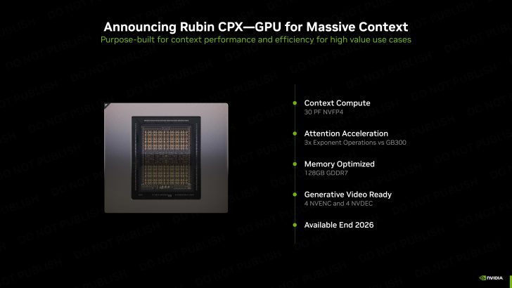 NVIDIA Rubin CPX GPU for massive context showcased with features like 128GB GDDR7 memory and available end 2026.