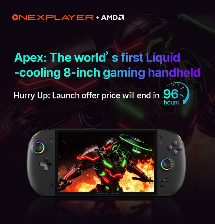 ONEXPLAYER and AMD logos appear above text announcing 'Apex: The world’s first Liquid-cooling 8-inch gaming handheld,' with a countdown of '96 hours' for the launch offer, while a gaming handheld shows an armored character on its screen.