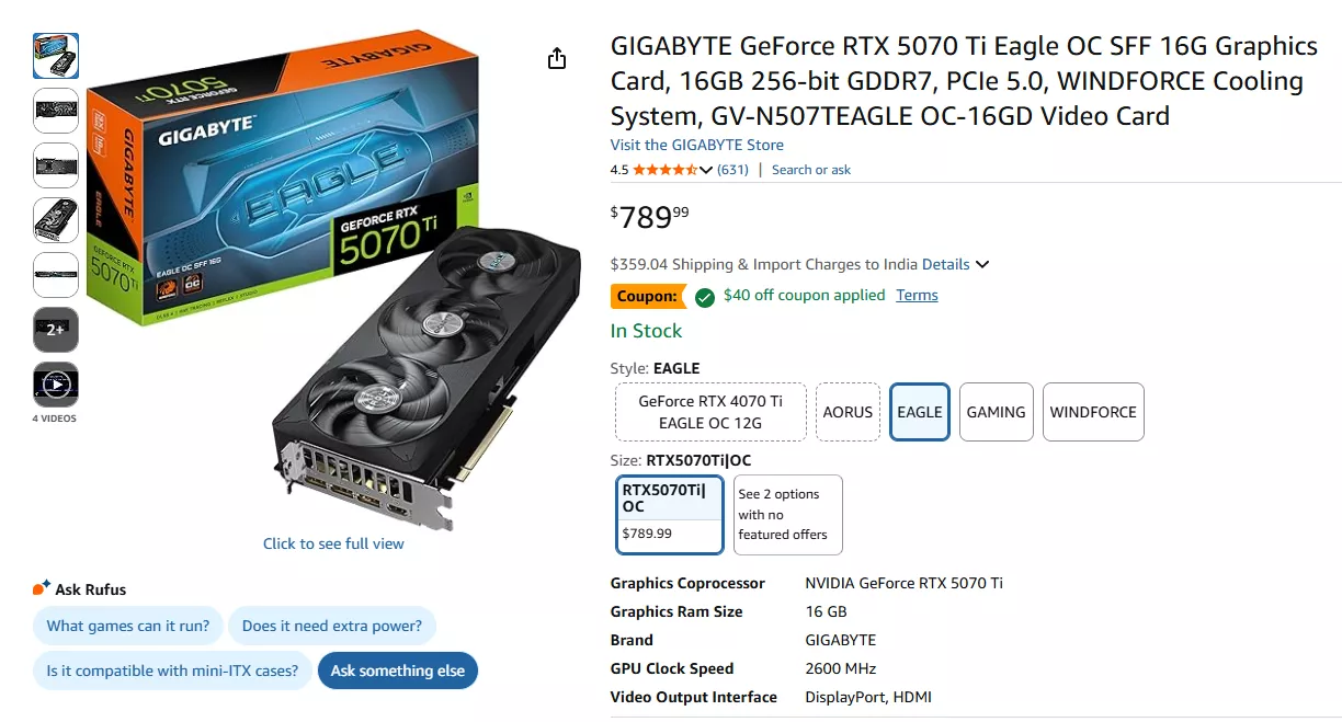 GIGABYTE GeForce RTX 5070 Ti Eagle OC graphics card shown with its packaging, listing a price of $789.99 and featuring 16GB GDDR7 memory and PCIe 5.0.