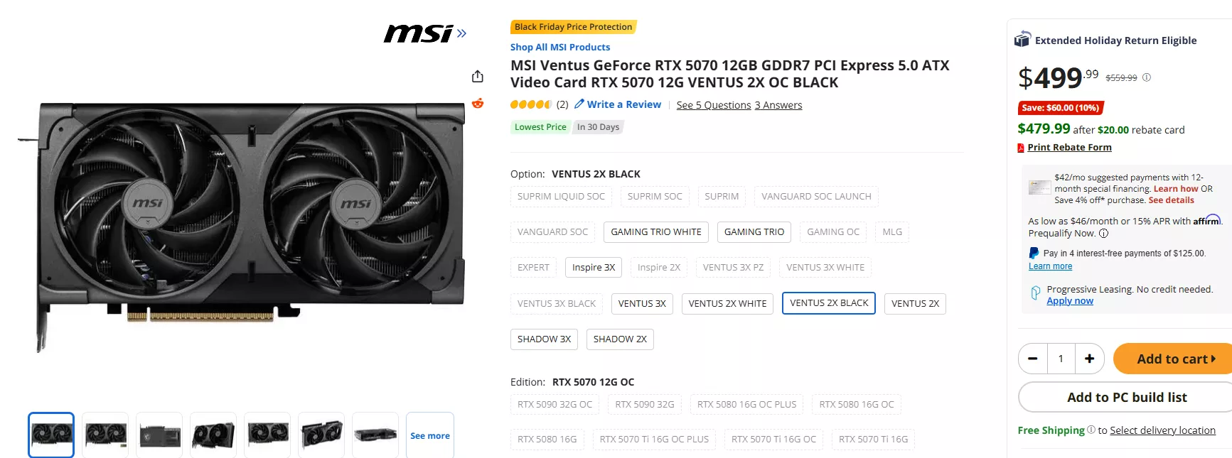 The image shows an MSI Ventus GeForce RTX 5070 12GB graphics card with dual fans and visible text indicating a price of $499.99 and an option for VENTUS 2X BLACK.