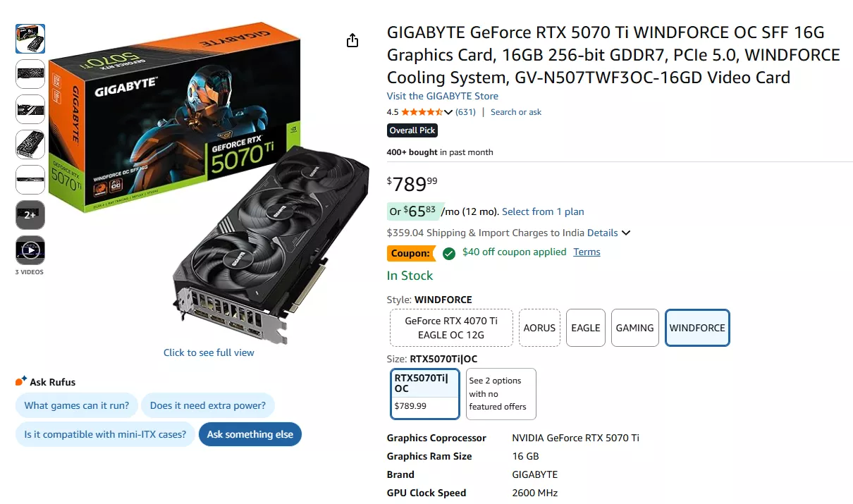 A GIGABYTE GeForce RTX 5070 Ti WINDFORCE OC SFF 16G graphics card is displayed with its packaging, priced at $789.99, featuring 16GB 256-bit GDDR7 and PCIe 5.0 connectivity.