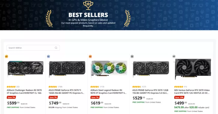 A webpage section titled 'BEST SELLERS' showcasing graphics cards, including the ASRock Challenger Radeon RX 9070 XT, ASUS PRIME GeForce RTX 5070 Ti, ASRock Steel Legend Radeon RX 9070 XT, ASUS PRIME GeForce RTX 5070, and MSI Ventus GeForce RTX 5070, with prices and discounts