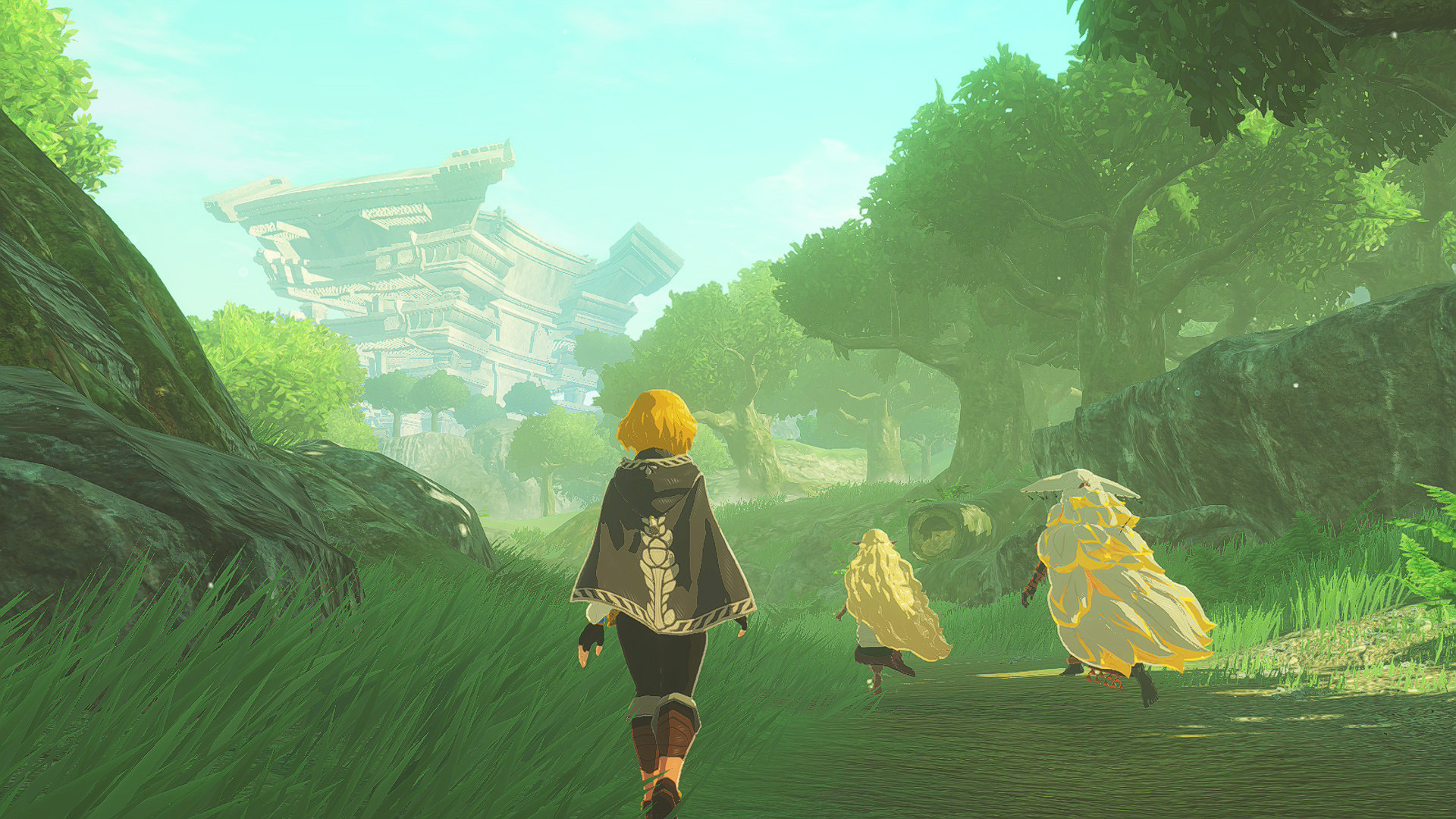 Three characters walking in a lush, forested landscape with a large structure in the background.