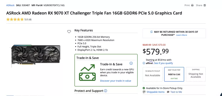 The ASRock AMD Radeon RX 9070 XT Challenger Triple Fan 16GB GDDR6 PCIe 5.0 graphics card is displayed with a price of $579.99 and a list of key features.