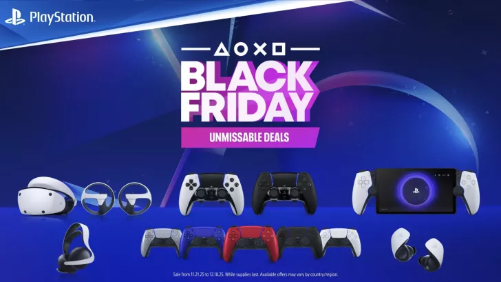 The image shows a PlayStation advertisement for 'Black Friday Unmissable Deals' featuring various gaming accessories, including controllers, a VR headset, and earbuds.