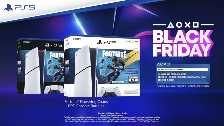 Sony PlayStation 5 console bundles with 'Fortnite Flowering Chaos Bundle' promotion for Black Friday, showcasing a PS5 console next to its packaging with Includes 8 exclusive cosmetics and 1,000 V-Bucks.