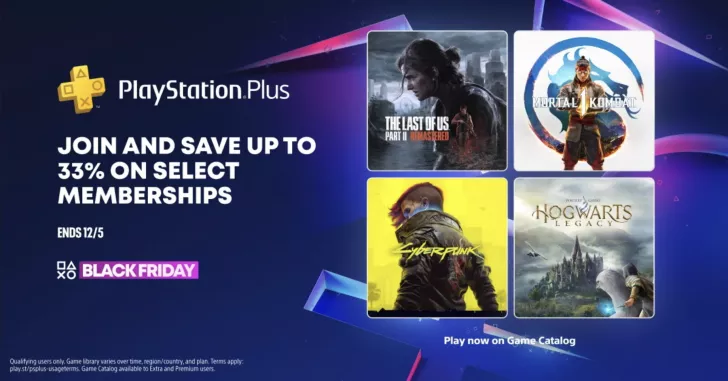 A PlayStation Plus promotion offers up to 33% off on select memberships featuring images of 'The Last of Us Part II,' 'Mortal Kombat,' 'Cyberpunk 2077,' and 'Hogwarts Legacy,' ending on December 5, with a 'BLACK FRIDAY' label.