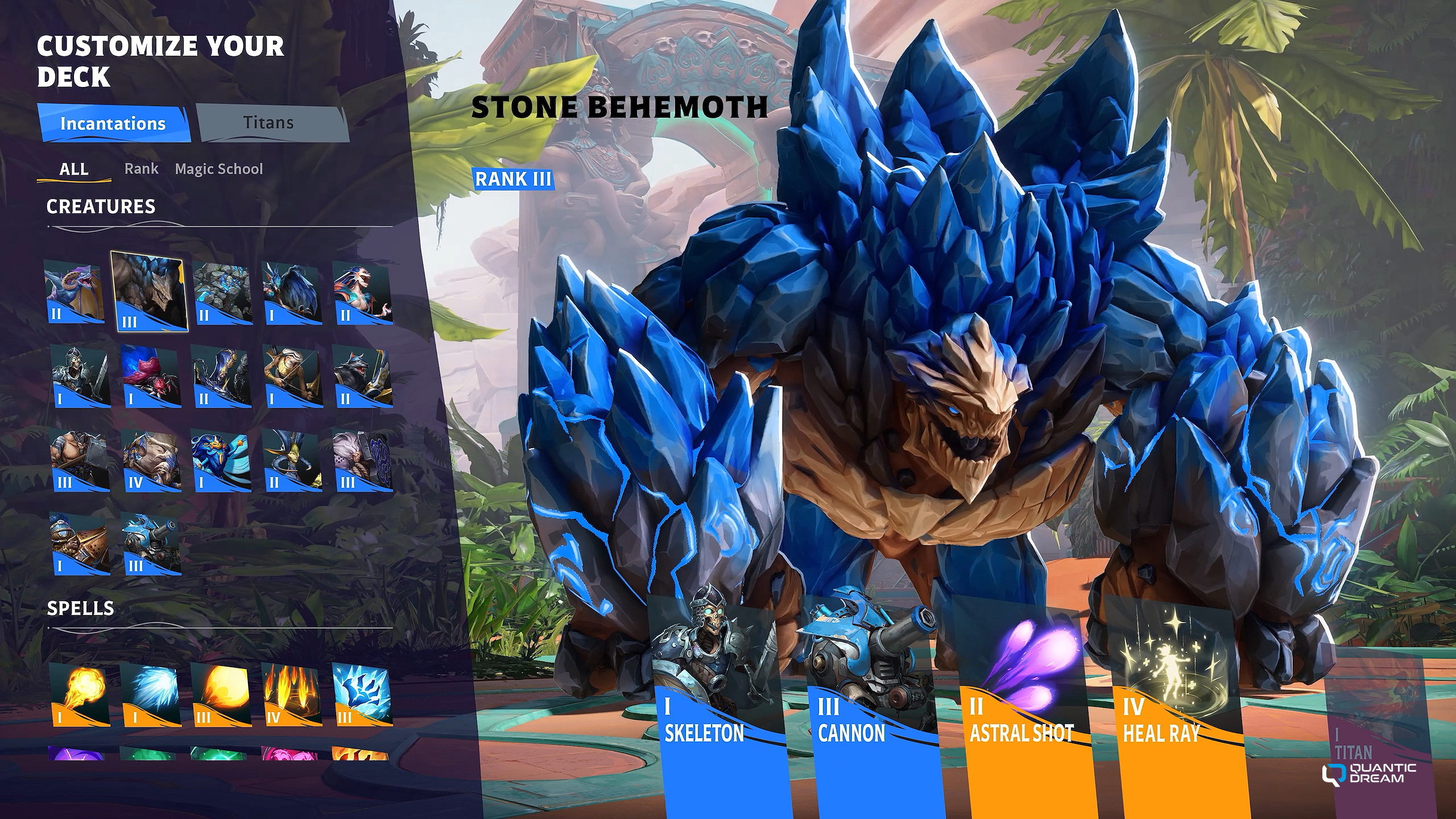 A video game screen showing a large, blue creature labeled as 'Stone Behemoth' with 'RANK III' displayed, alongside a deck customization menu with creature and spell cards, featuring titles like 'SKELETON' and 'CANNON.'