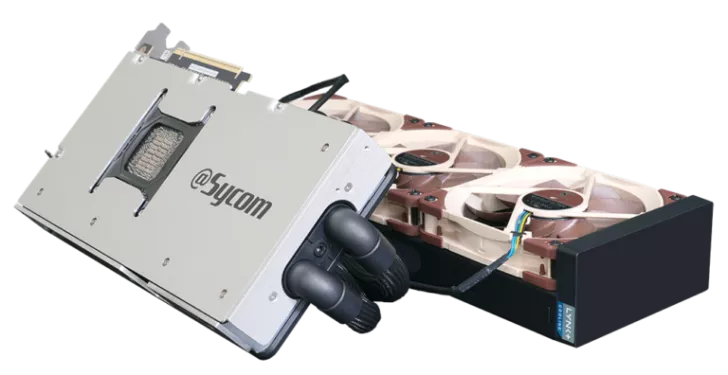 A graphics card with '@Sycom' branding, equipped with a Noctua cooling system featuring three large fans.