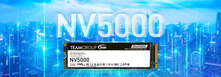 The image shows a TeamGroup NV5000 M.2 Solid State Drive against a futuristic cityscape background, with large text 'NV5000' prominently displayed.