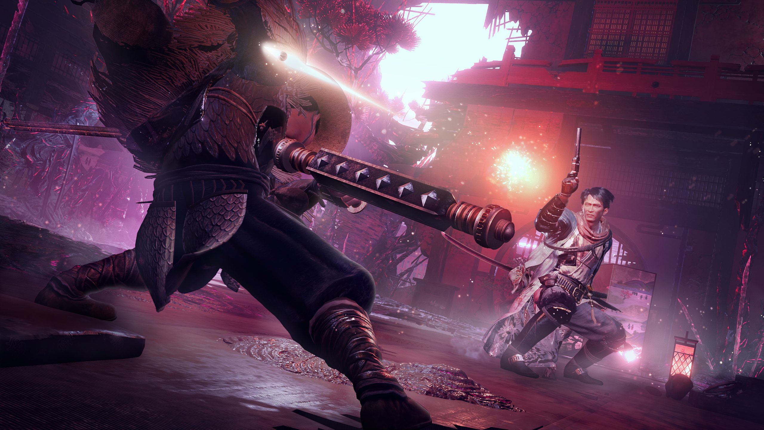 A character in a samurai setting wields a sword while another character fires a glowing projectile, set in a vibrant, stylized environment.