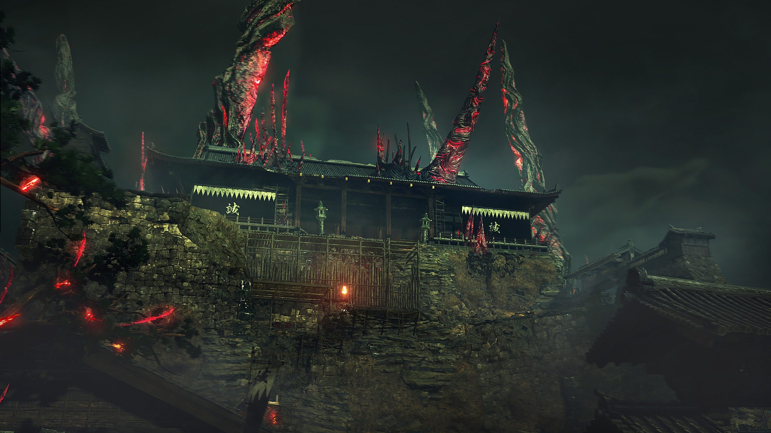 A dark, ominous fortress with glowing red spikes and a dimly lit entrance appears under a cloudy sky in the game Nioh 3