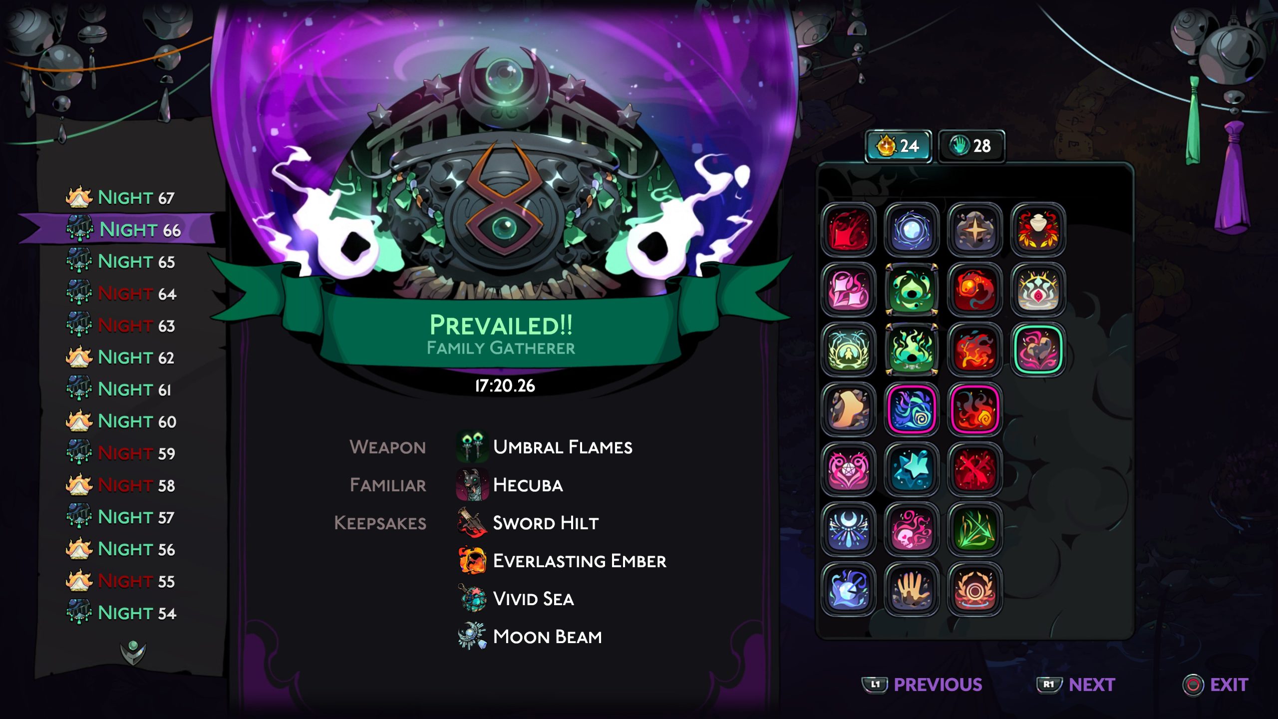 The game screen shows a win with 'Prevailed!! Family Gatherer' and various spell icons, completed in 17:20.26.