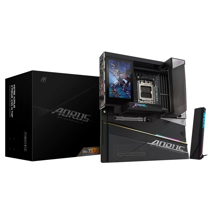 AORUS XTREME X670E motherboard with packaging featuring X870E label on visible panel.
