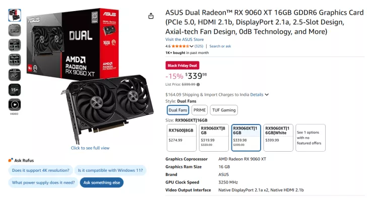 An ASUS Dual Radeon RX 9060 XT 16GB graphics card is featured with pricing details, showing a 'Black Friday Deal' at $339.98.