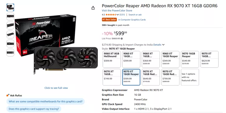 The image shows a PowerColor Reaper AMD Radeon RX 9070 XT 16GB GDDR6 graphics card listed at a discounted price of $599.99, with product details including 'Graphics Ram Size: 16 GB' and 'GPU Clock Speed: 2400 MHz'.
