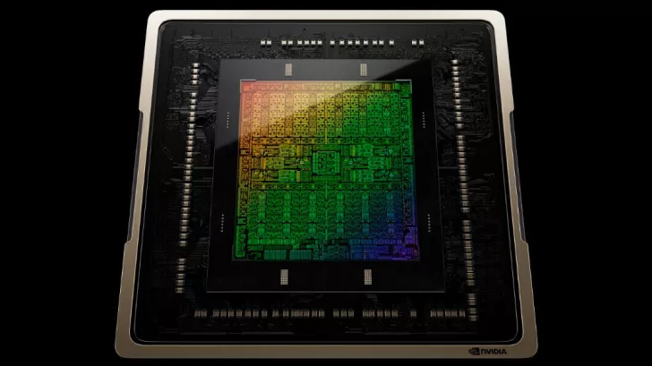 A close-up of an NVIDIA chip displaying intricate circuitry and a rainbow-colored pattern on its surface.