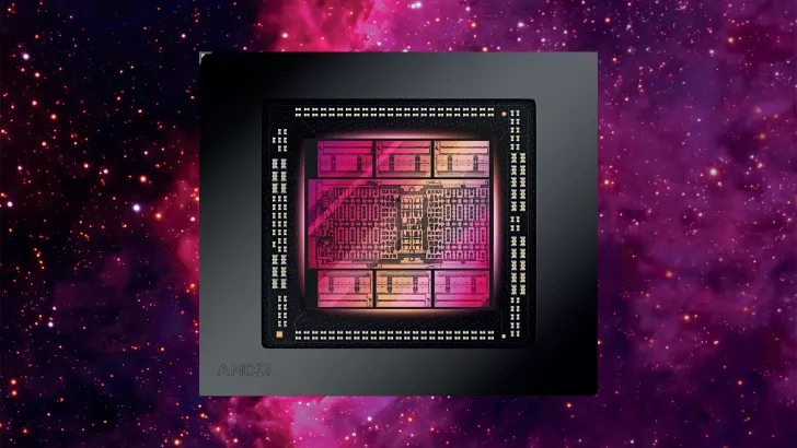 A close-up of an AMD chip set against a colorful cosmic background.