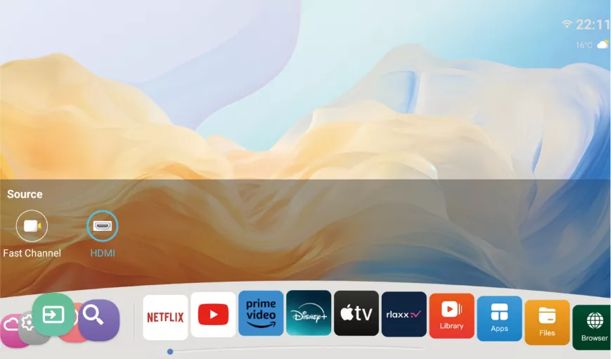 A smart TV interface displays app icons including Netflix, YouTube, Prime Video, and Disney+, with the current source selected as 'HDMI' on a semi-transparent overlay.